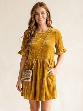 MELLODAY Nordstrom Mustard Gold Crinkled Velvet Ruffle Babydoll Mini Dress S